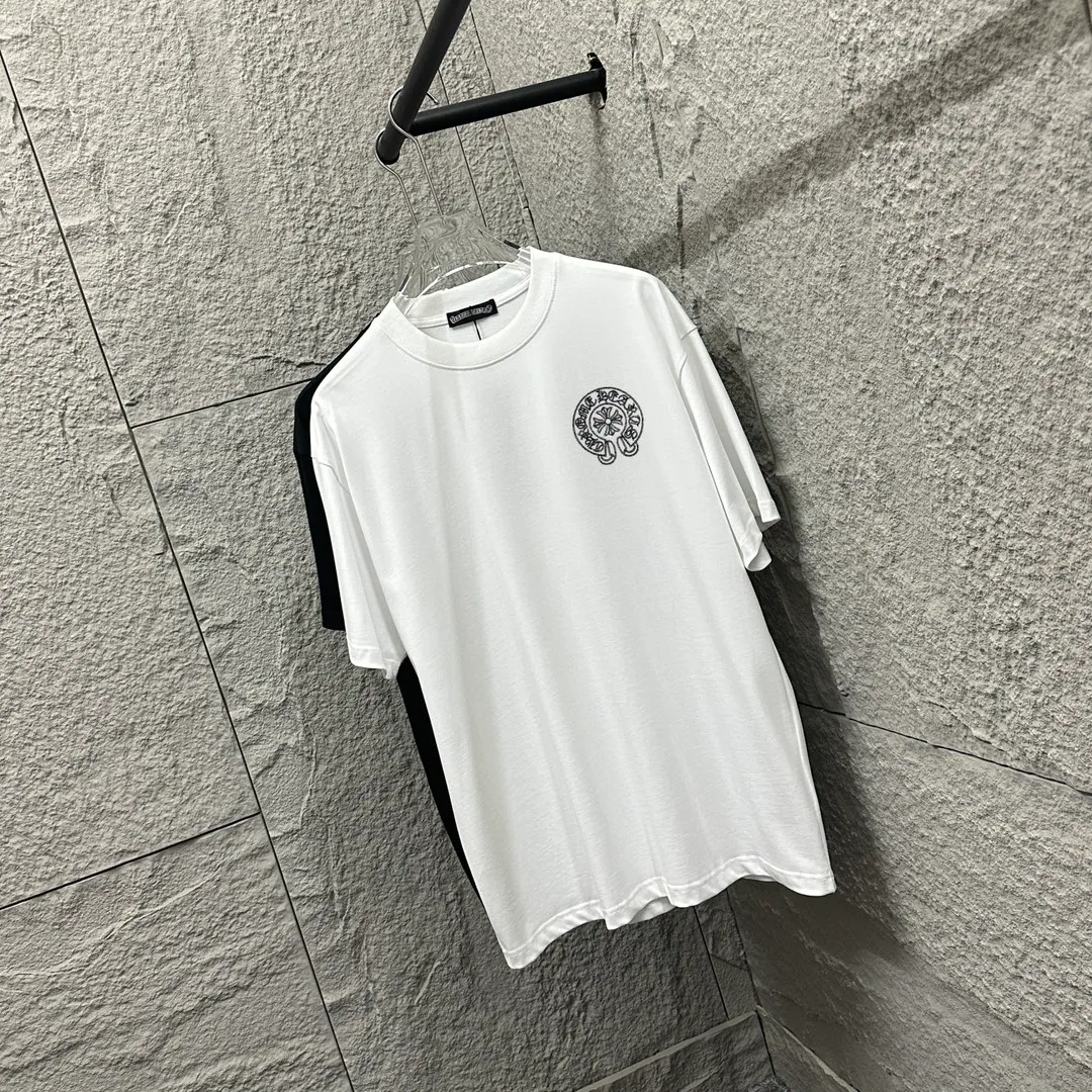 🅿️180 CH*Cro Heart*2025 spring and summer new style Classic horseshoe embroidery Customized double yarn plain cotton fabric Short-sleeved T-shirt Unisex Color: Black White Size: S (90-130 catties) M (120-150 catties) L (140-165 catties) XL (160-180 catties) XXL (180-210 catties)